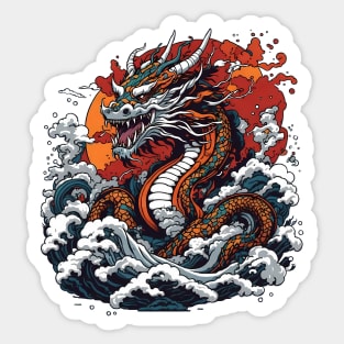 Dragon against the backdrop of a setting sun bathed in ocean waves Sticker